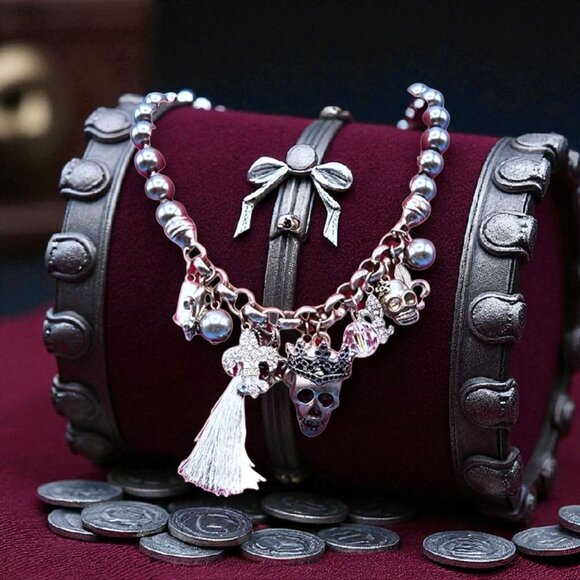 Skull Charm Silver Bead Crowns Heart Fleur de Lis 18" Necklace Gothic Halloween - Picture 1 of 7